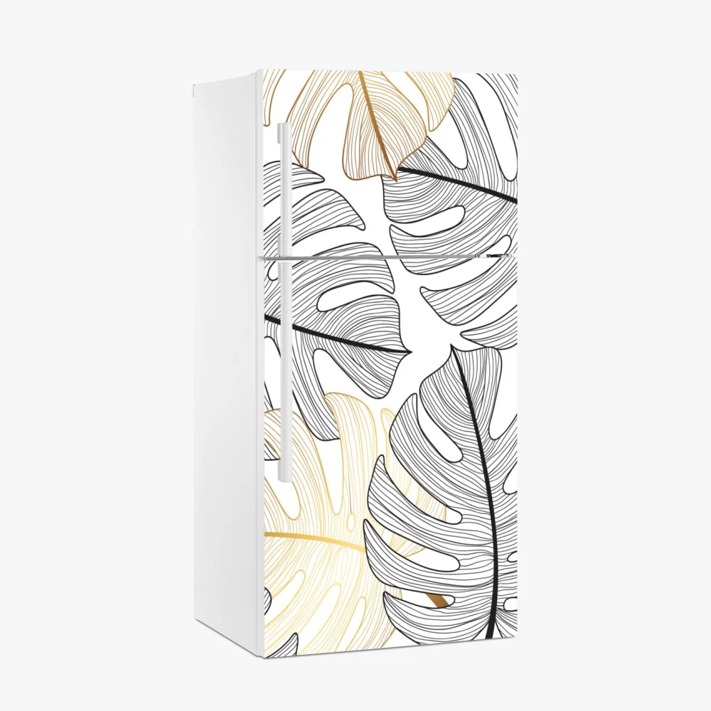 Naklejka na lodówkę wzór liści monstera ze złotymi akcentami – Wallissimo® Naklejka na lodówkę wzór liści monstera ze złotymi akcentami – Wallissimo®