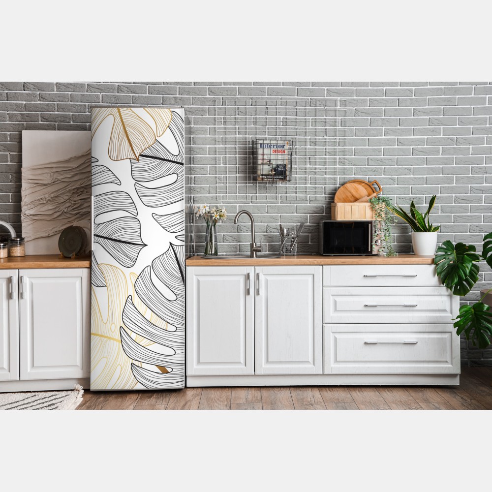 Naklejka na lodówkę wzór liści monstera ze złotymi akcentami – Wallissimo® Naklejka na lodówkę wzór liści monstera ze złotymi akcentami – Wallissimo®