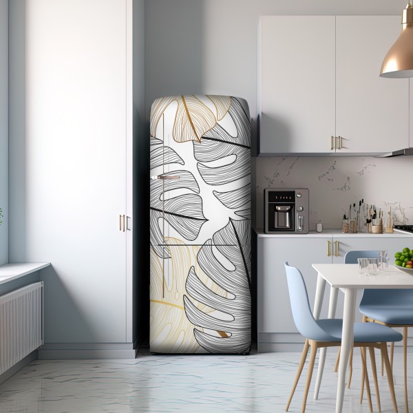 Naklejka na lodówkę wzór liści monstera ze złotymi akcentami – Wallissimo® Naklejka na lodówkę wzór liści monstera ze złotymi akcentami – Wallissimo®