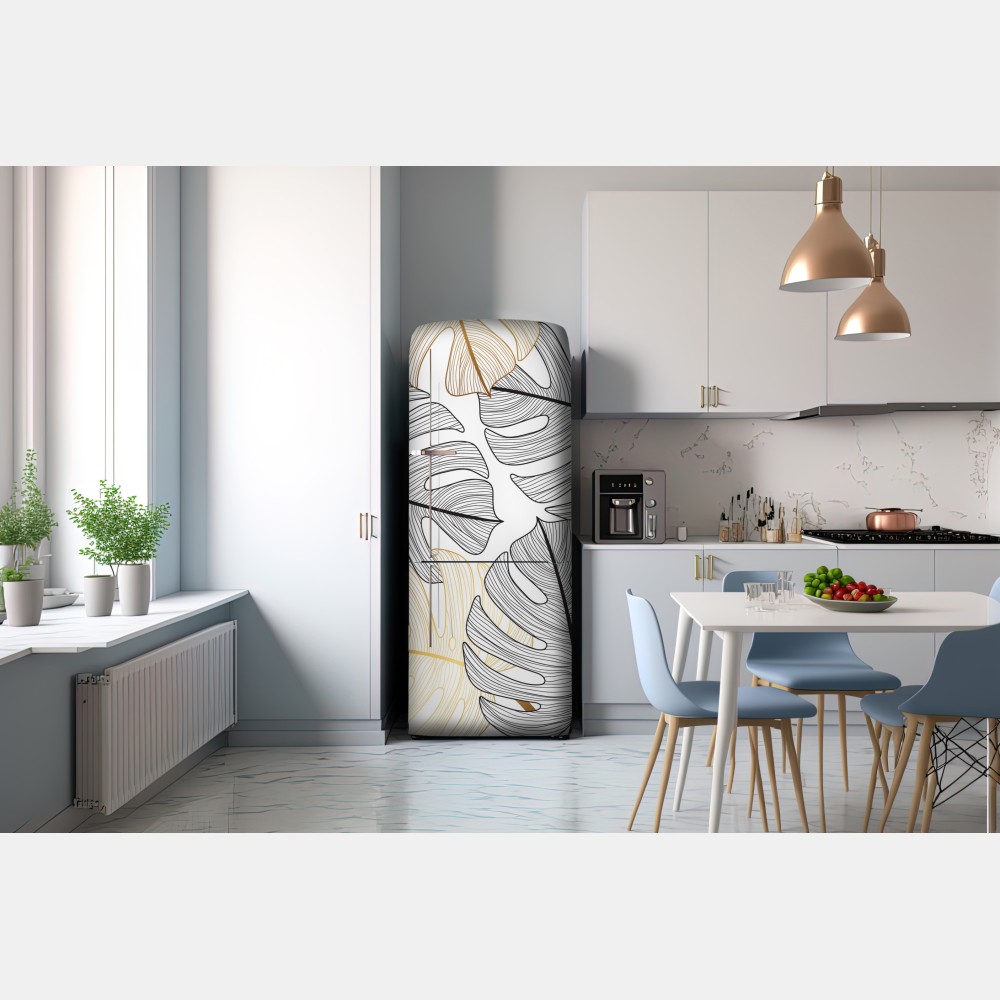 Naklejka na lodówkę wzór liści monstera ze złotymi akcentami – Wallissimo® Naklejka na lodówkę wzór liści monstera ze złotymi akcentami – Wallissimo®