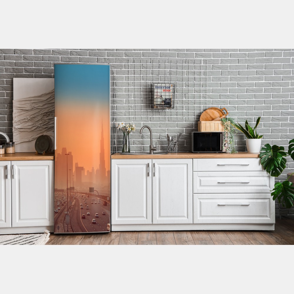 Naklejka na lodówkę Dubaj panorama o wschodzie słońca – Wallissimo® Naklejka na lodówkę Dubaj panorama o wschodzie słońca – Wallissimo®