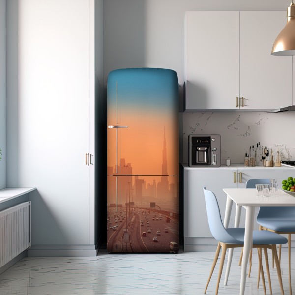 Naklejka na lodówkę Dubaj panorama o wschodzie słońca – Wallissimo® Naklejka na lodówkę Dubaj panorama o wschodzie słońca – Wallissimo®
