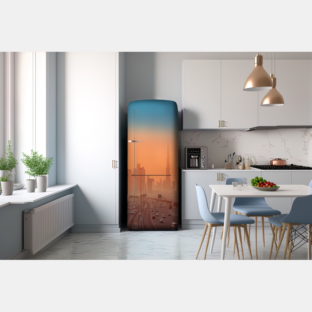 Naklejka na lodówkę Dubaj panorama o wschodzie słońca – Wallissimo® Naklejka na lodówkę Dubaj panorama o wschodzie słońca – Wallissimo®