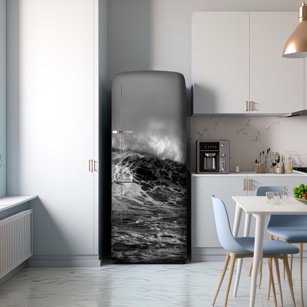 Naklejka na lodówkę dramatyczna czarno-biała fala oceanu – Wallissimo® Naklejka na lodówkę dramatyczna czarno-biała fala oceanu – Wallissimo®