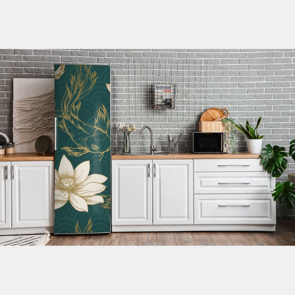 Naklejka na lodówkę orientalny wzór koi i lotosów w turkusie i złocie – Wallissimo® Naklejka na lodówkę orientalny wzór koi i lotosów w turkusie i złocie – Wallissimo®