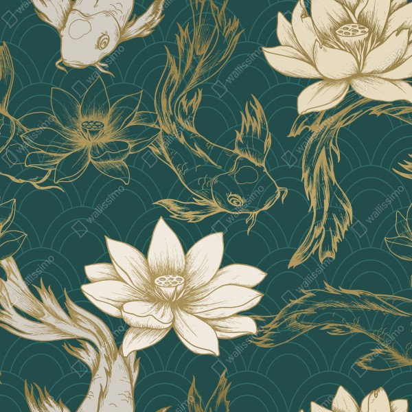 Naklejka na lodówkę orientalny wzór koi i lotosów w turkusie i złocie – Wallissimo® Naklejka na lodówkę orientalny wzór koi i lotosów w turkusie i złocie – Wallissimo®