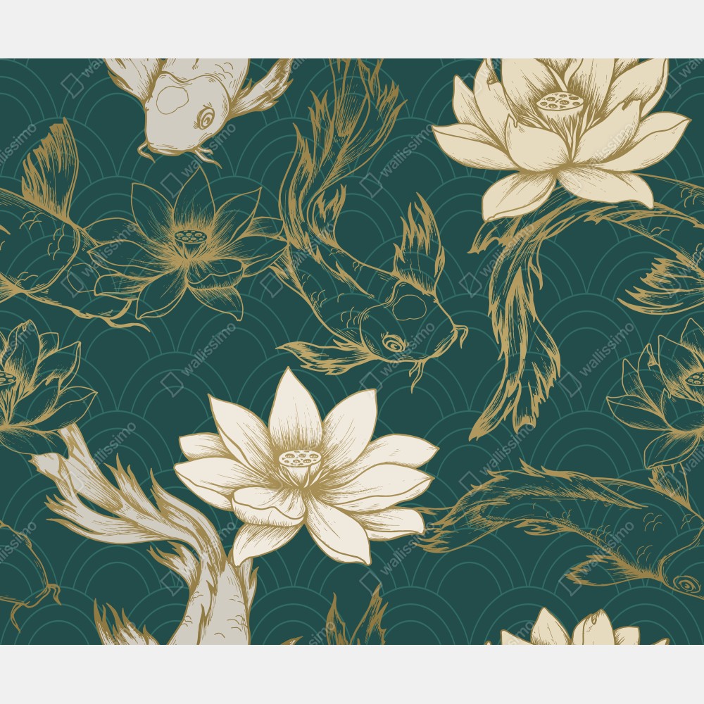 Naklejka na lodówkę orientalny wzór koi i lotosów w turkusie i złocie – Wallissimo® Naklejka na lodówkę orientalny wzór koi i lotosów w turkusie i złocie – Wallissimo®