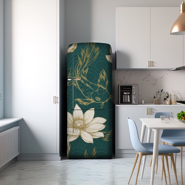 Naklejka na lodówkę orientalny wzór koi i lotosów w turkusie i złocie – Wallissimo® Naklejka na lodówkę orientalny wzór koi i lotosów w turkusie i złocie – Wallissimo®