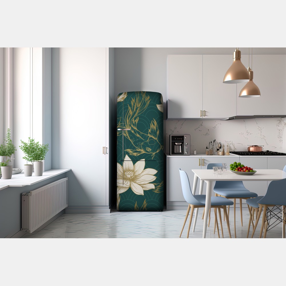 Naklejka na lodówkę orientalny wzór koi i lotosów w turkusie i złocie – Wallissimo® Naklejka na lodówkę orientalny wzór koi i lotosów w turkusie i złocie – Wallissimo®