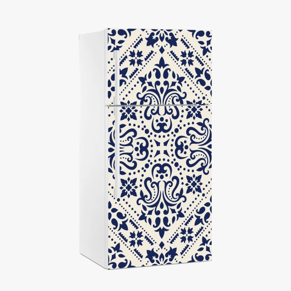 Naklejka na lodówkę granatowy wzór damaskowy na płytkach – Wallissimo® Naklejka na lodówkę granatowy wzór damaskowy na płytkach – Wallissimo®