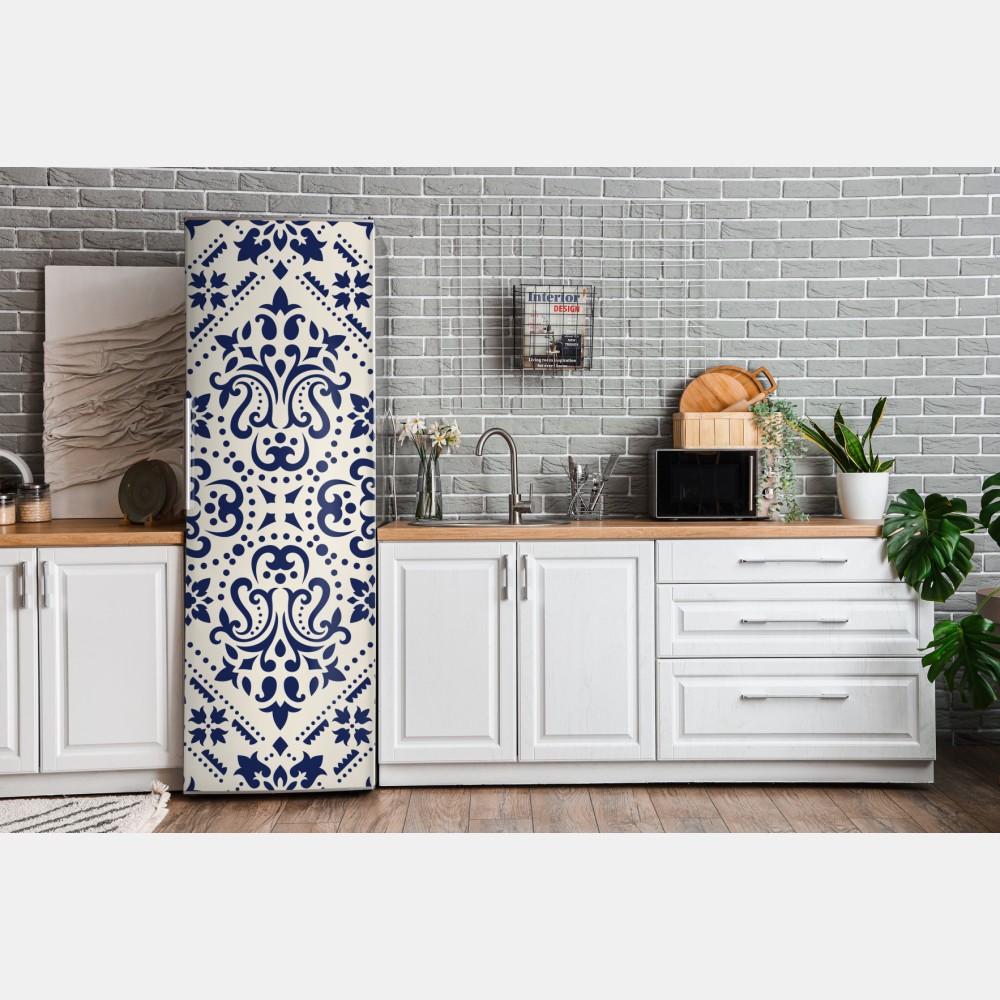 Naklejka na lodówkę granatowy wzór damaskowy na płytkach – Wallissimo® Naklejka na lodówkę granatowy wzór damaskowy na płytkach – Wallissimo®
