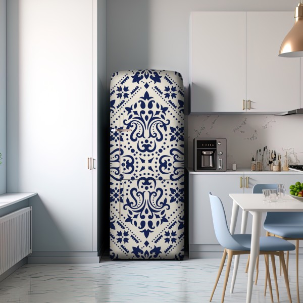 Naklejka na lodówkę granatowy wzór damaskowy na płytkach – Wallissimo® Naklejka na lodówkę granatowy wzór damaskowy na płytkach – Wallissimo®