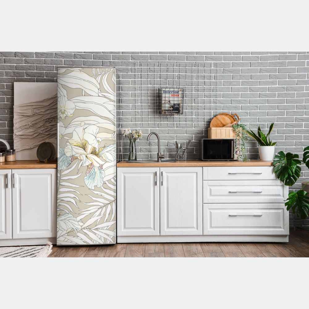 Naklejka na lodówkę tropikalny wzór z kakadu i kwiatami – Wallissimo® Naklejka na lodówkę tropikalny wzór z kakadu i kwiatami – Wallissimo®