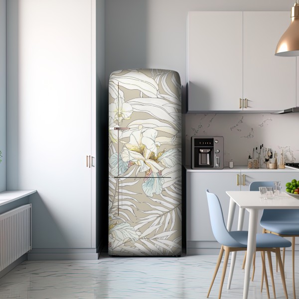 Naklejka na lodówkę tropikalny wzór z kakadu i kwiatami – Wallissimo® Naklejka na lodówkę tropikalny wzór z kakadu i kwiatami – Wallissimo®