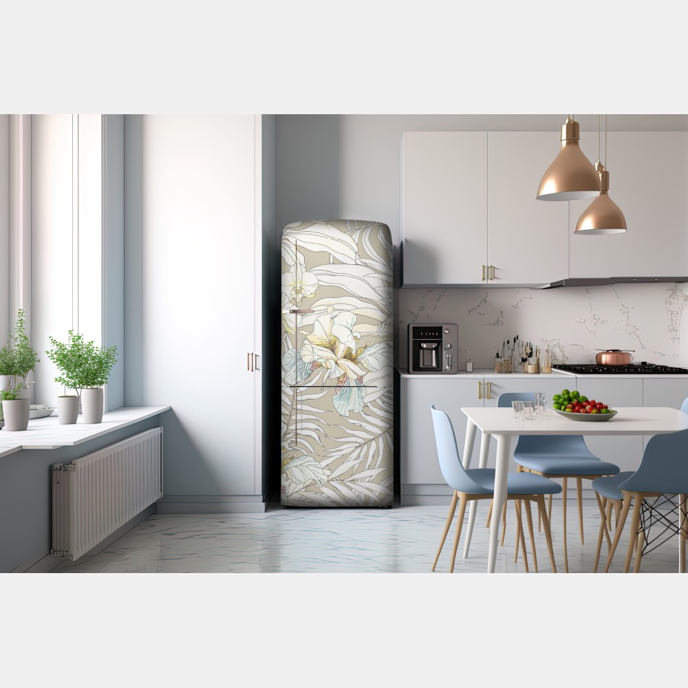 Naklejka na lodówkę tropikalny wzór z kakadu i kwiatami – Wallissimo® Naklejka na lodówkę tropikalny wzór z kakadu i kwiatami – Wallissimo®