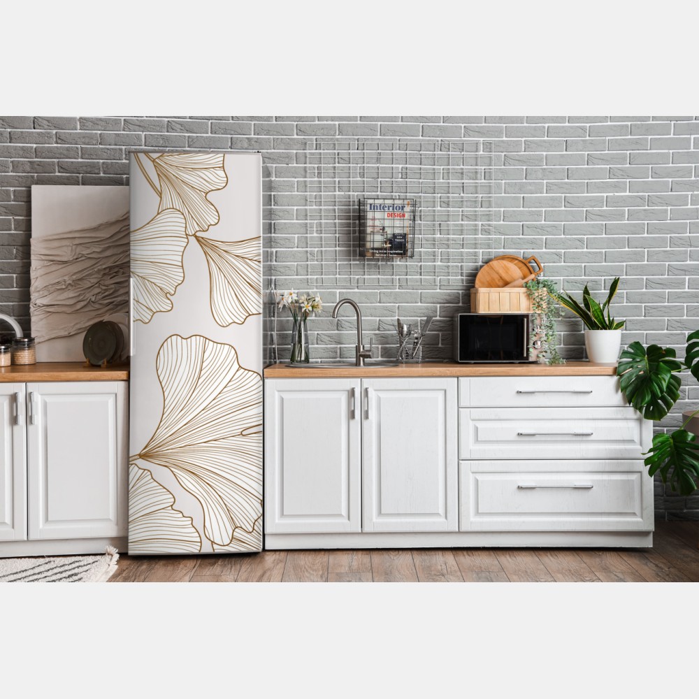 Naklejka na lodówkę delikatny złoty wzór miłorzębu – Wallissimo® Naklejka na lodówkę delikatny złoty wzór miłorzębu – Wallissimo®
