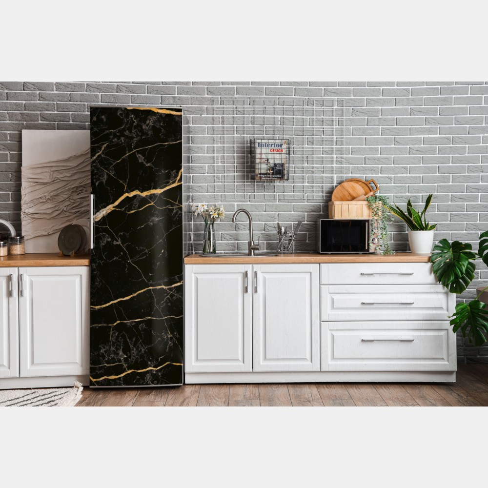 Naklejka na lodówkę czarny marmur ze złotymi żyłami – Wallissimo® Naklejka na lodówkę czarny marmur ze złotymi żyłami – Wallissimo®