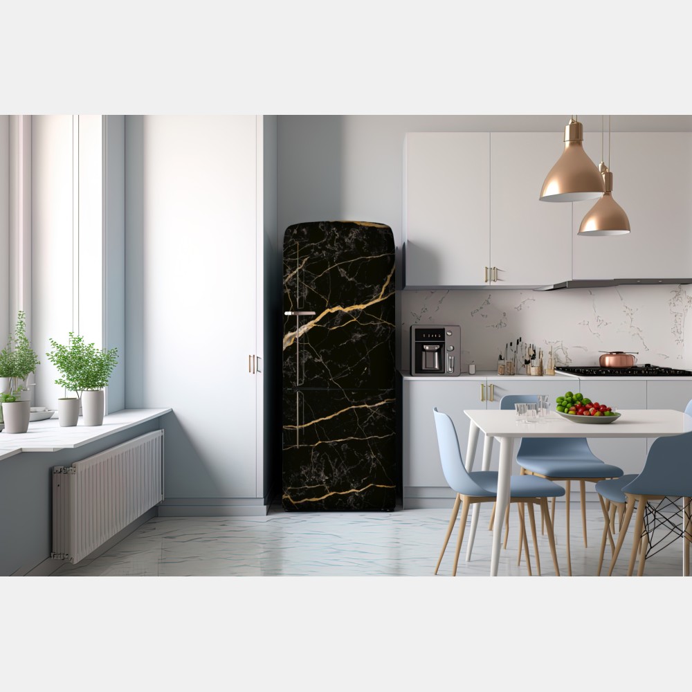 Naklejka na lodówkę czarny marmur ze złotymi żyłami – Wallissimo® Naklejka na lodówkę czarny marmur ze złotymi żyłami – Wallissimo®