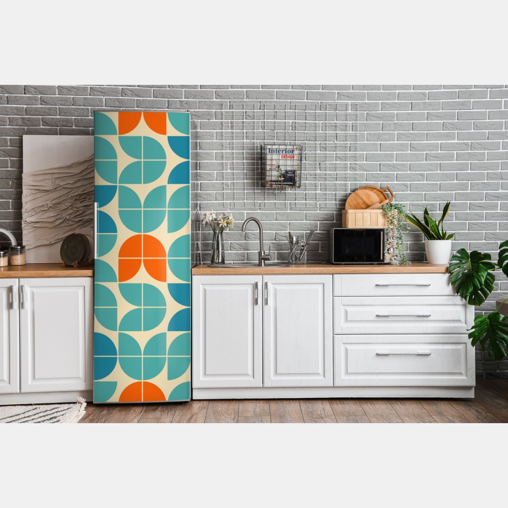 Naklejka na lodówkę retro geometryczny wzór kafelkowy w turkusie i pomarańczy – Wallissimo® Naklejka na lodówkę retro geometryczny wzór kafelkowy w turkusie i pomarańczy – Wallissimo®