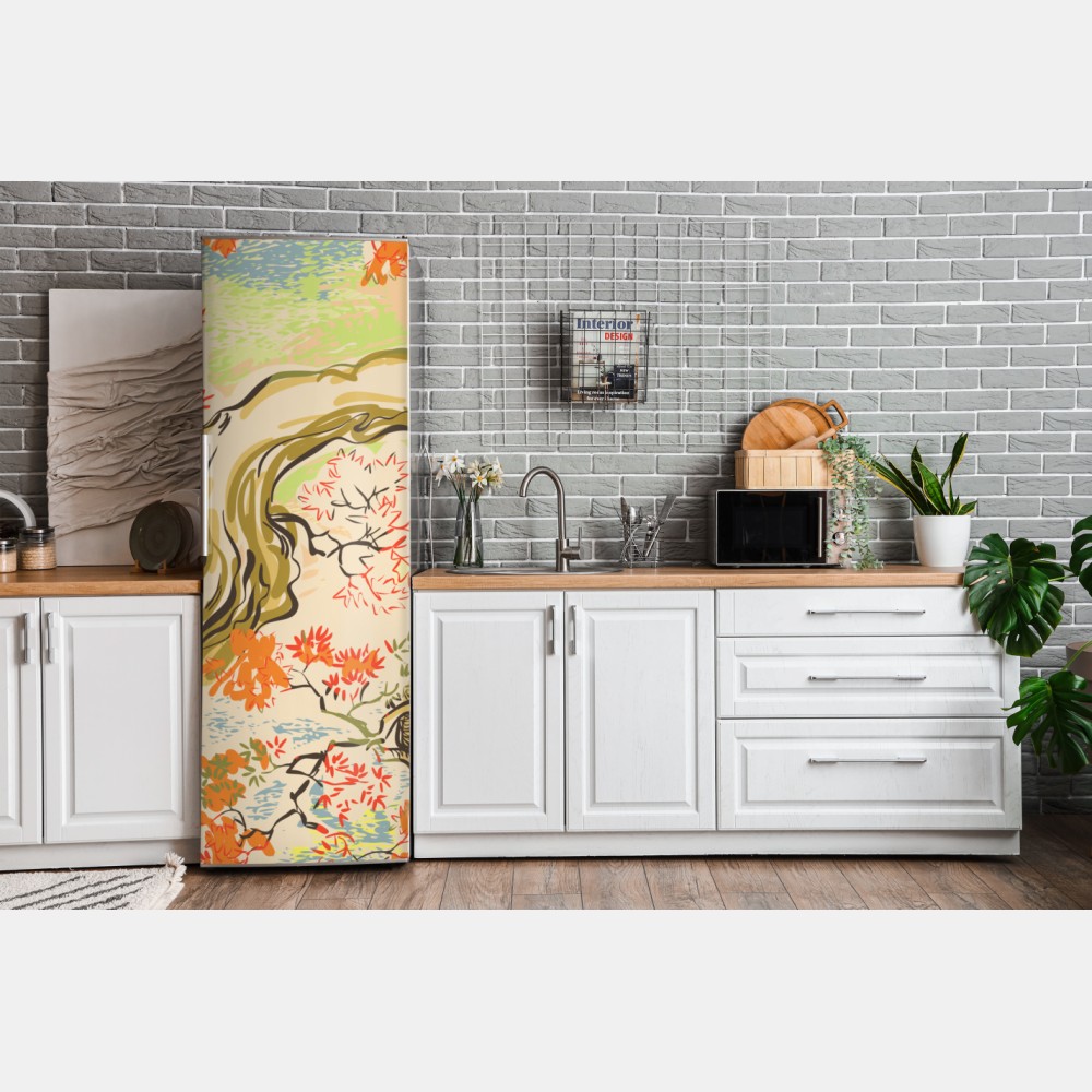 Naklejka na lodówkę orientalny wzór z drzewami i liśćmi – Wallissimo® Naklejka na lodówkę orientalny wzór z drzewami i liśćmi – Wallissimo®