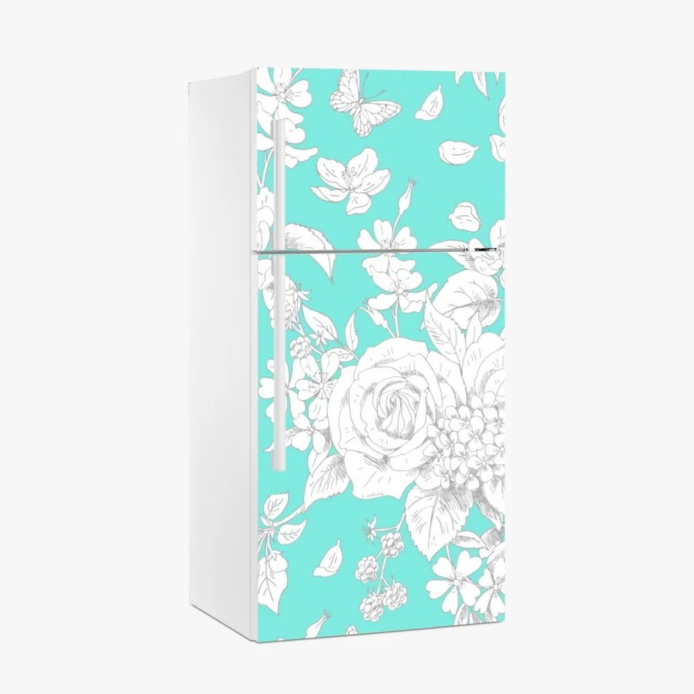 Naklejka na lodówkę turkusowy wzór botaniczny z kwiatami – Wallissimo® Naklejka na lodówkę turkusowy wzór botaniczny z kwiatami – Wallissimo®