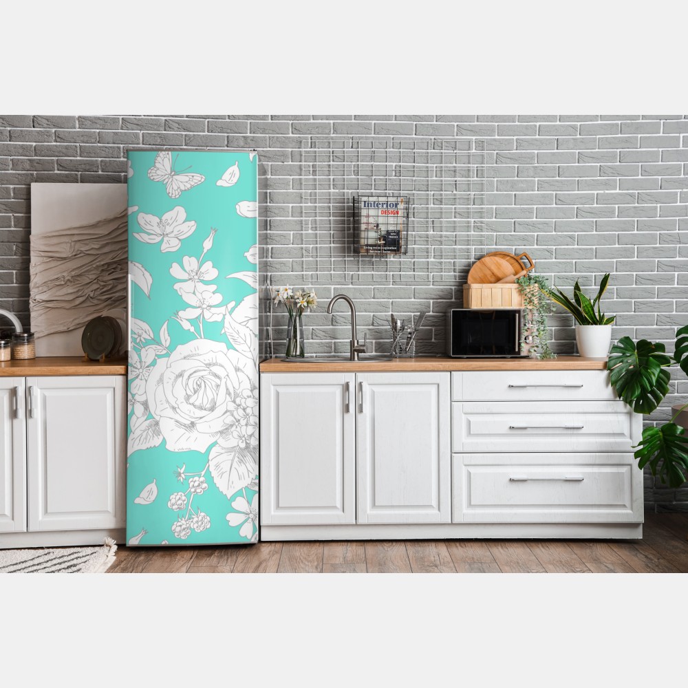Naklejka na lodówkę turkusowy wzór botaniczny z kwiatami – Wallissimo® Naklejka na lodówkę turkusowy wzór botaniczny z kwiatami – Wallissimo®