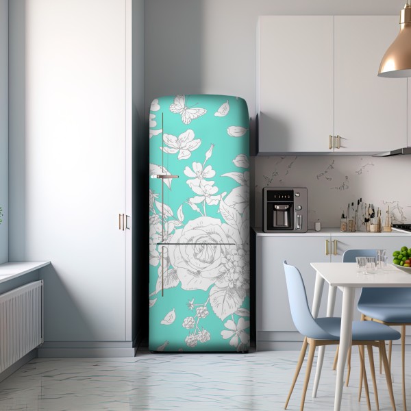 Naklejka na lodówkę turkusowy wzór botaniczny z kwiatami – Wallissimo® Naklejka na lodówkę turkusowy wzór botaniczny z kwiatami – Wallissimo®