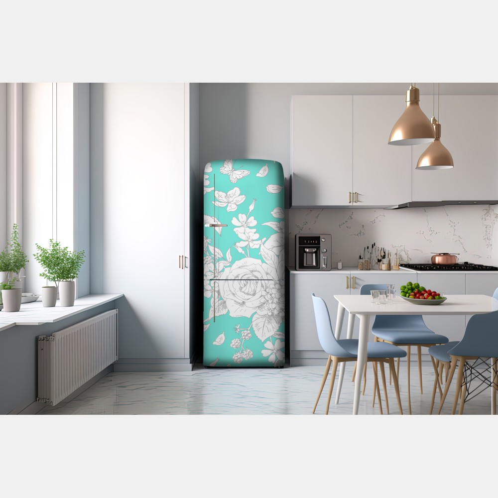 Naklejka na lodówkę turkusowy wzór botaniczny z kwiatami – Wallissimo® Naklejka na lodówkę turkusowy wzór botaniczny z kwiatami – Wallissimo®