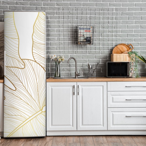 Naklejka na lodówkę złote liście w stylu line art – Wallissimo®