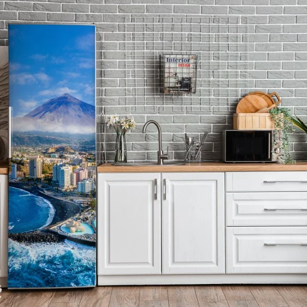 Naklejka na lodówkę panorama lotnicza wybrzeża Teneryfy z wulkanem Teide – Wallissimo® Naklejka na lodówkę panorama lotnicza wybrzeża Teneryfy z wulkanem Teide – Wallissimo®