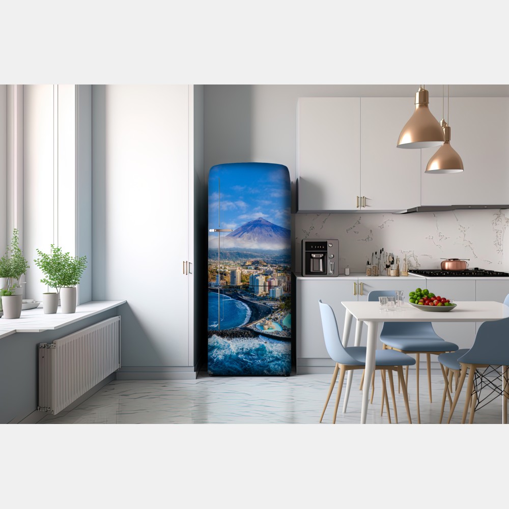 Naklejka na lodówkę panorama lotnicza wybrzeża Teneryfy z wulkanem Teide – Wallissimo® Naklejka na lodówkę panorama lotnicza wybrzeża Teneryfy z wulkanem Teide – Wallissimo®