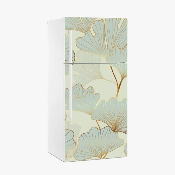 Naklejka na lodówkę pastelowy wzór liści miłorzębu ze złotymi akcentami