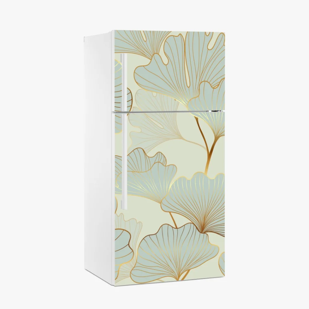 Naklejka na lodówkę pastelowy wzór liści miłorzębu ze złotymi akcentami – Wallissimo® Naklejka na lodówkę pastelowy wzór liści miłorzębu ze złotymi akcentami – Wallissimo®