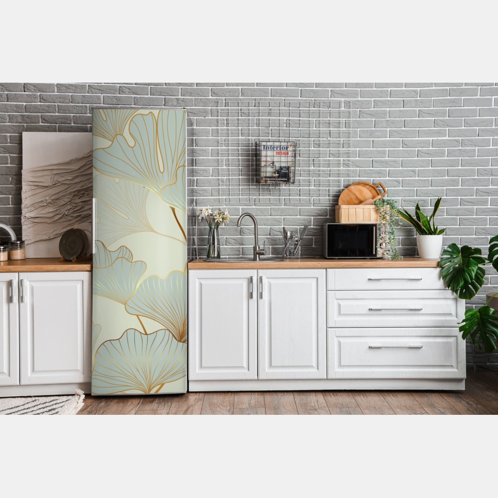 Naklejka na lodówkę pastelowy wzór liści miłorzębu ze złotymi akcentami – Wallissimo® Naklejka na lodówkę pastelowy wzór liści miłorzębu ze złotymi akcentami – Wallissimo®