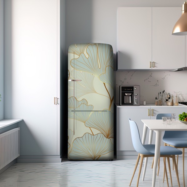 Naklejka na lodówkę pastelowy wzór liści miłorzębu ze złotymi akcentami – Wallissimo® Naklejka na lodówkę pastelowy wzór liści miłorzębu ze złotymi akcentami – Wallissimo®