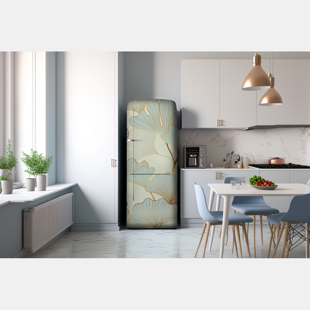 Naklejka na lodówkę pastelowy wzór liści miłorzębu ze złotymi akcentami – Wallissimo® Naklejka na lodówkę pastelowy wzór liści miłorzębu ze złotymi akcentami – Wallissimo®