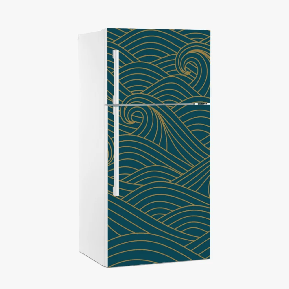 Naklejka na lodówkę turkusowy wzór fal ze złotymi liniami – Wallissimo® Naklejka na lodówkę turkusowy wzór fal ze złotymi liniami – Wallissimo®