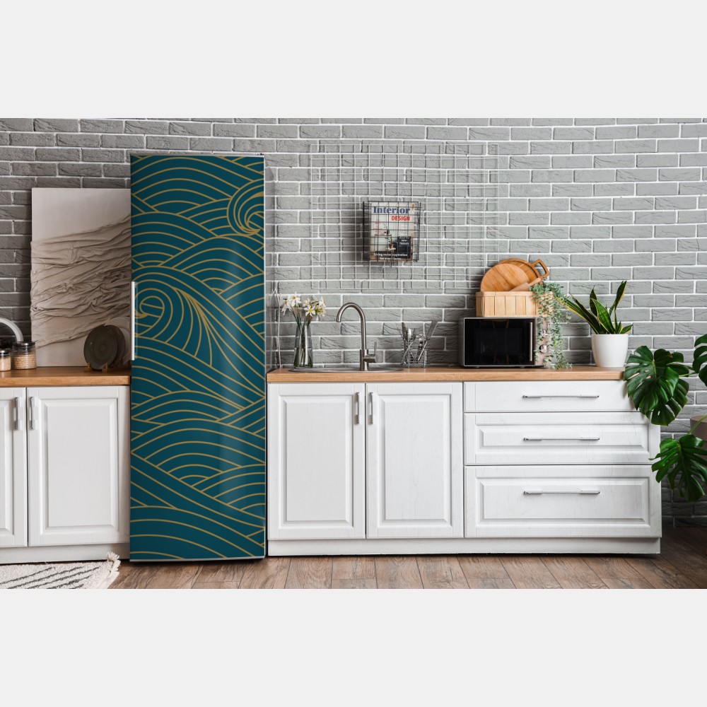 Naklejka na lodówkę turkusowy wzór fal ze złotymi liniami – Wallissimo® Naklejka na lodówkę turkusowy wzór fal ze złotymi liniami – Wallissimo®