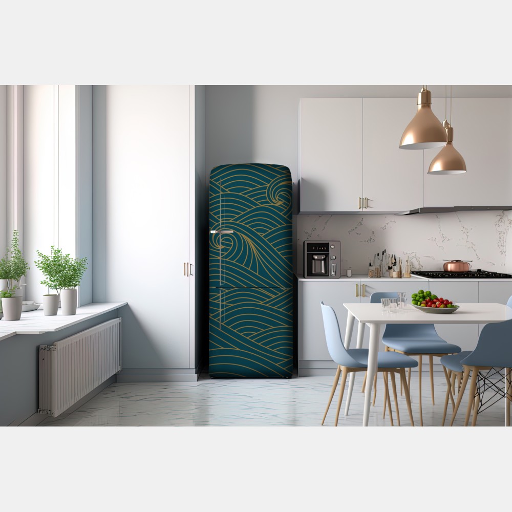 Naklejka na lodówkę turkusowy wzór fal ze złotymi liniami – Wallissimo® Naklejka na lodówkę turkusowy wzór fal ze złotymi liniami – Wallissimo®