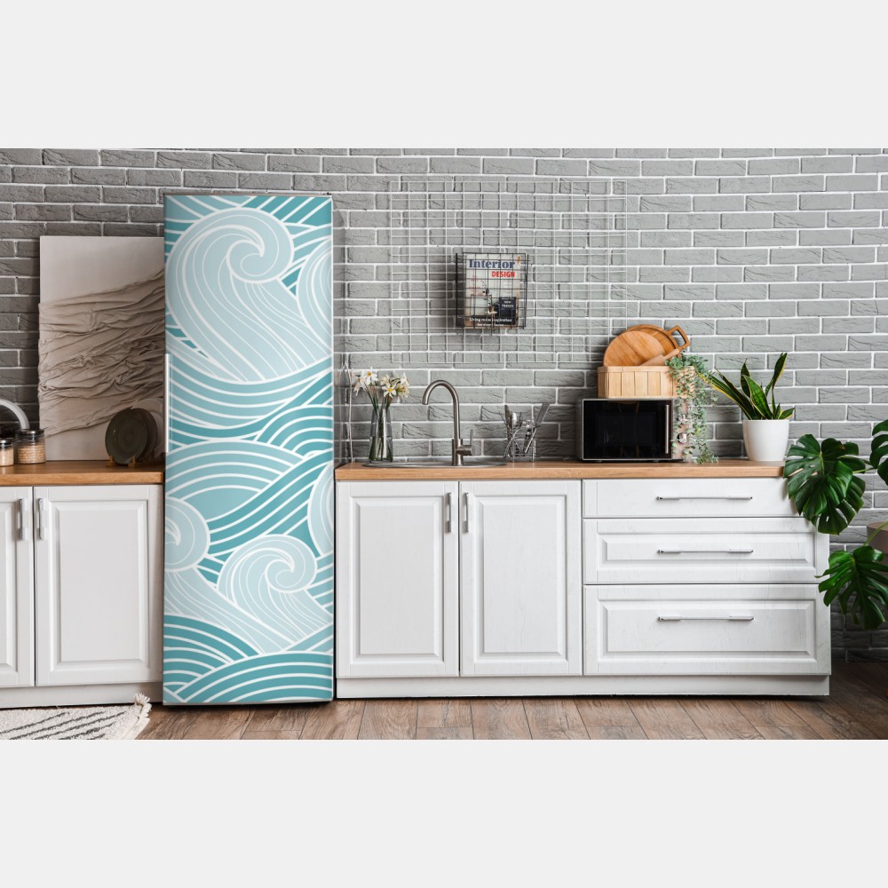 Naklejka na lodówkę spokojny turkusowy wzór fal – Wallissimo® Naklejka na lodówkę spokojny turkusowy wzór fal – Wallissimo®