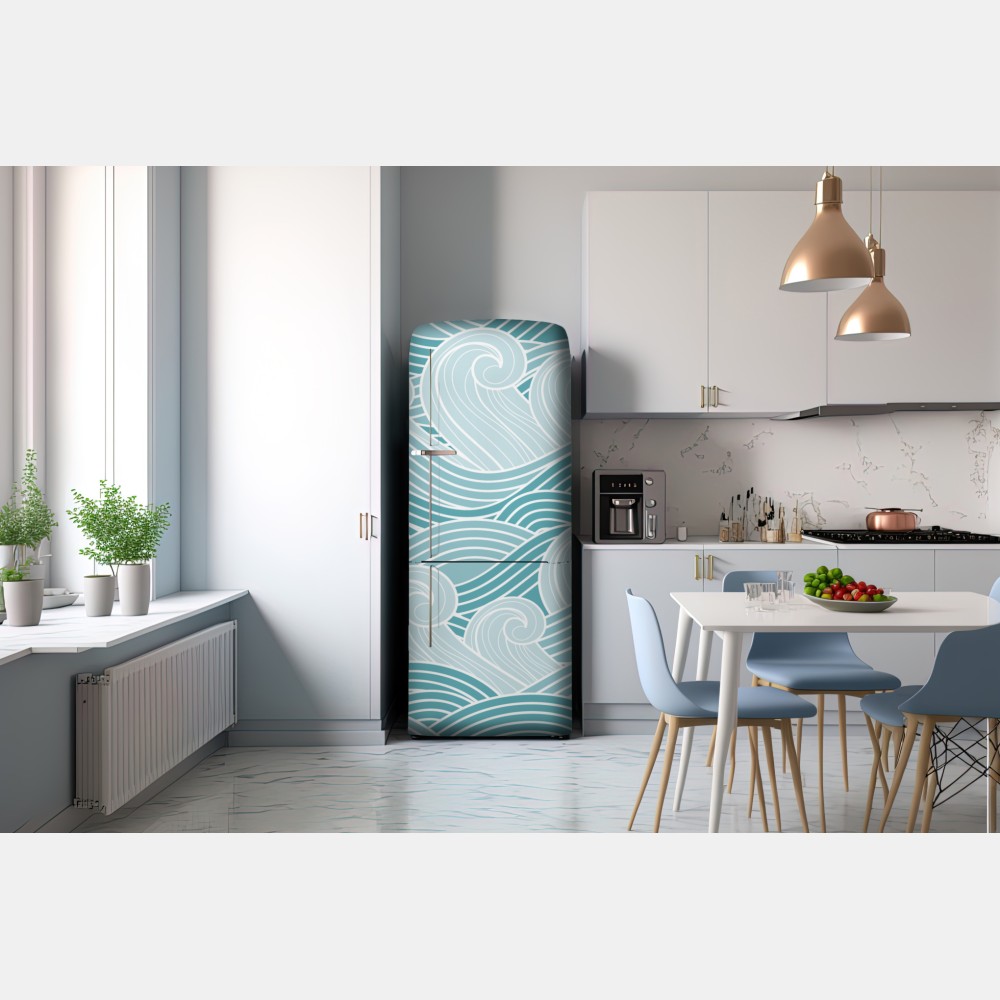 Naklejka na lodówkę spokojny turkusowy wzór fal – Wallissimo® Naklejka na lodówkę spokojny turkusowy wzór fal – Wallissimo®