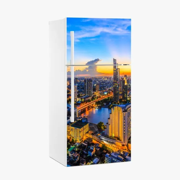 Naklejka na lodówkę tętniąca życiem panorama miasta o zmierzchu