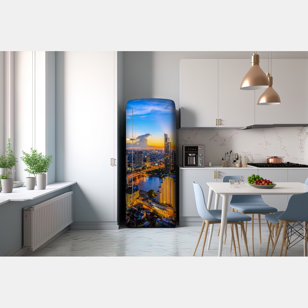 Naklejka na lodówkę tętniąca życiem panorama miasta o zmierzchu – Wallissimo® Naklejka na lodówkę tętniąca życiem panorama miasta o zmierzchu – Wallissimo®