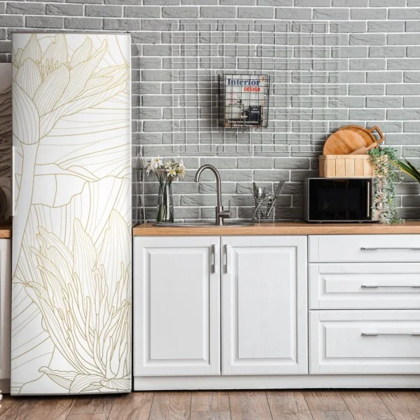 Naklejka na lodówkę beżowa tekstura marmuru z białymi żyłami – Wallissimo®