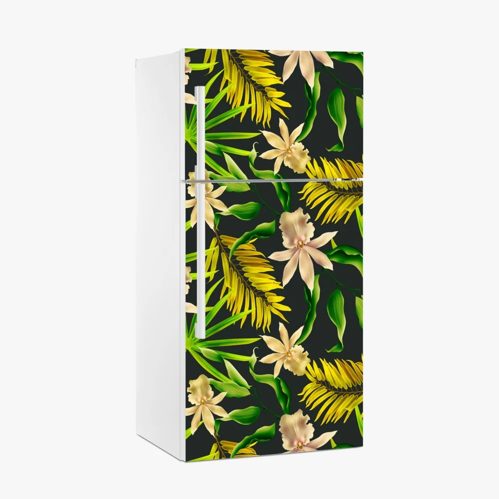 Naklejka na lodówkę tropikalny wzór storczyków na ciemnym tle – Wallissimo® Naklejka na lodówkę tropikalny wzór storczyków na ciemnym tle – Wallissimo®