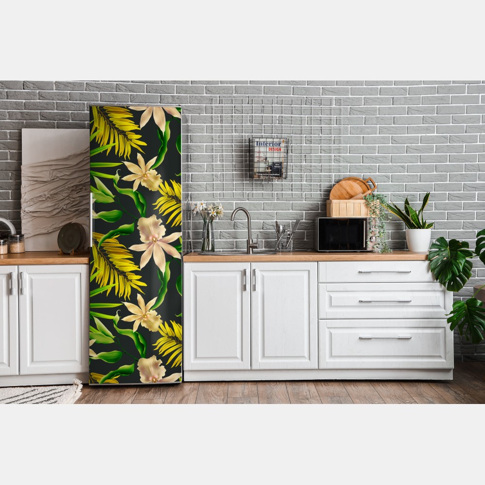 Naklejka na lodówkę tropikalny wzór storczyków na ciemnym tle – Wallissimo® Naklejka na lodówkę tropikalny wzór storczyków na ciemnym tle – Wallissimo®