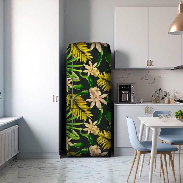 Naklejka na lodówkę tropikalny wzór storczyków na ciemnym tle – Wallissimo® Naklejka na lodówkę tropikalny wzór storczyków na ciemnym tle – Wallissimo®