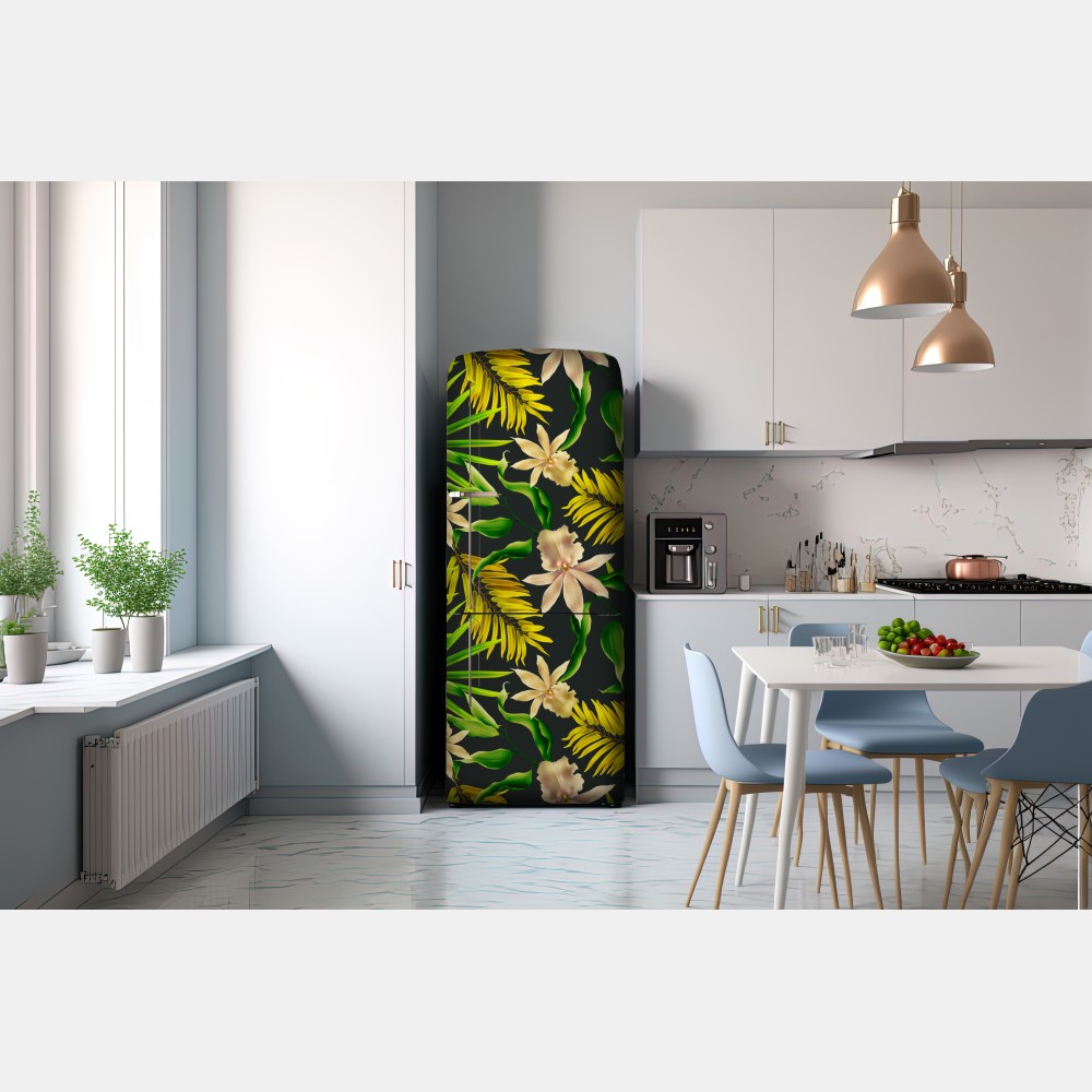 Naklejka na lodówkę tropikalny wzór storczyków na ciemnym tle – Wallissimo® Naklejka na lodówkę tropikalny wzór storczyków na ciemnym tle – Wallissimo®