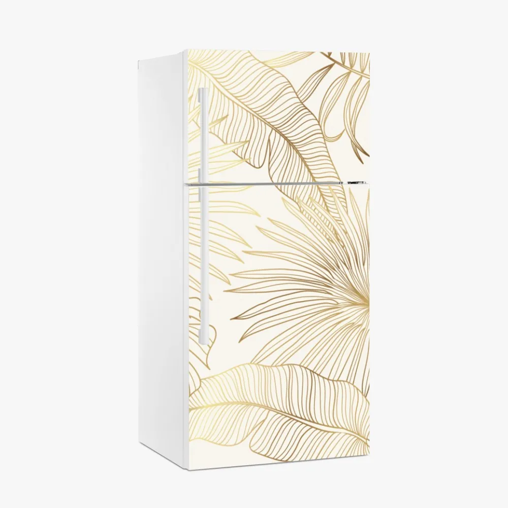 Naklejka na lodówkę złote tropikalne liście na beżowym tle – Wallissimo® Naklejka na lodówkę złote tropikalne liście na beżowym tle – Wallissimo®