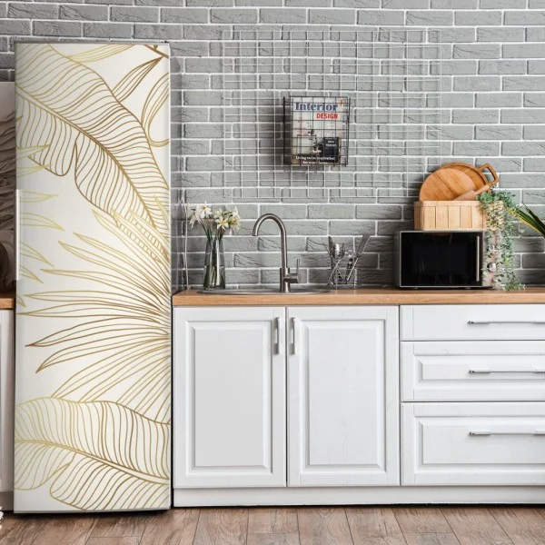 Naklejka na lodówkę złote tropikalne liście na beżowym tle – Wallissimo® Naklejka na lodówkę złote tropikalne liście na beżowym tle – Wallissimo®